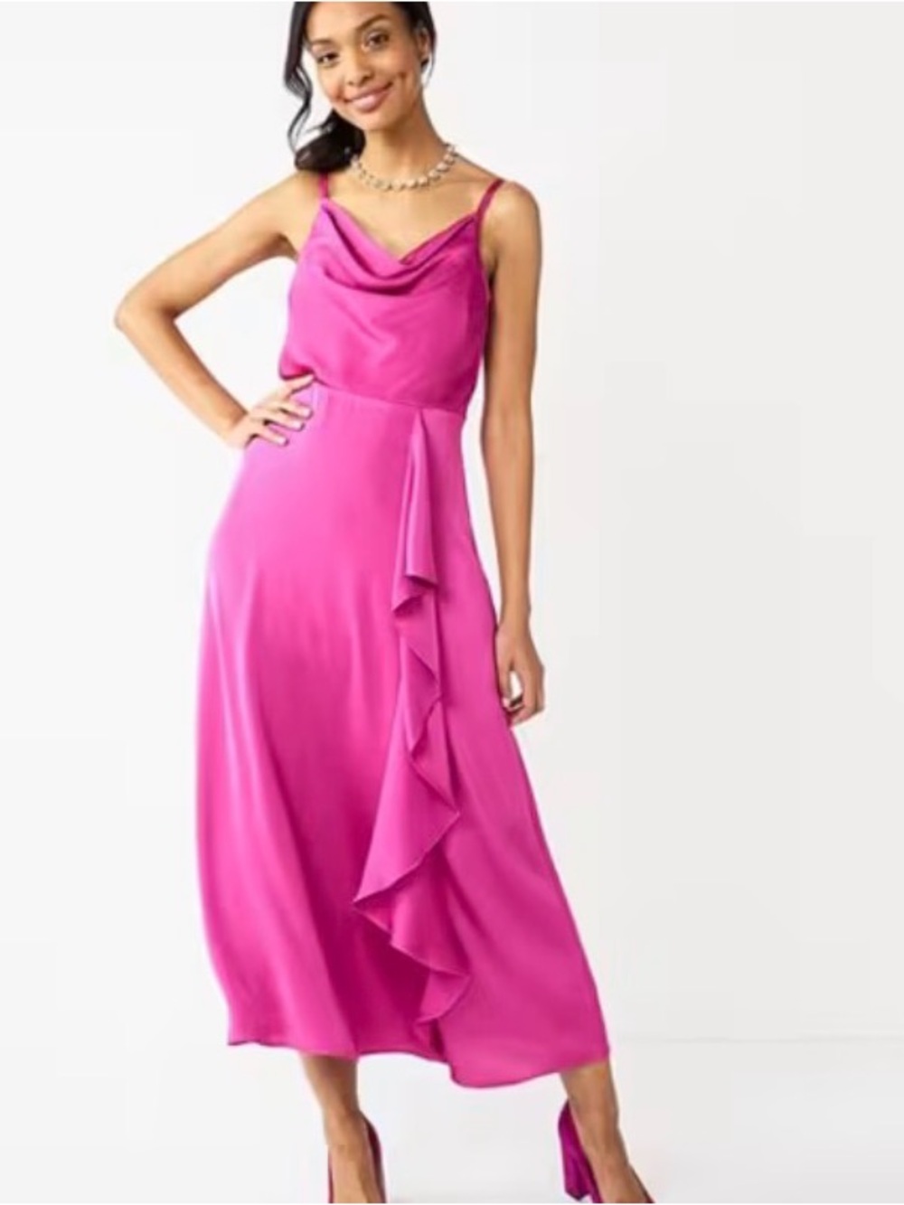 NWT Nine West Hot Pink Cowl Neck Midi Dress with Ruffle Detail